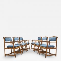 Six Brutalist Solid Oak Dining Chairs with Upholstered Cushions Europe 1960s - 3450544