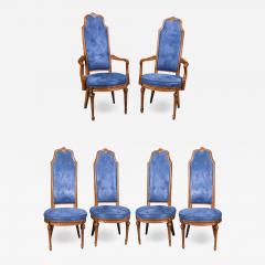 Six French Louis XVI High Back Blue Velvet Walnut Dining Chairs - 3017535
