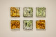 Six Square Amber and Green Murano Glass Wall Sconces Italy 1970s - 3733323