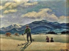 Skiing in Sun Valley Oil Painting on Canvas Signed M Abrams Circa 1938 - 2255553