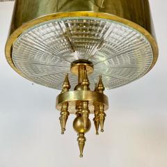Small Hollywood Regency Style Brass Pendant Chandelier Starburst Etched Glass - 3258257