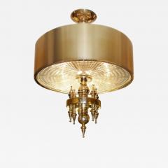 Small Hollywood Regency Style Brass Pendant Chandelier Starburst Etched Glass - 3280249