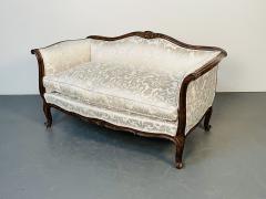 Small Louis XV Mahogany Carved Settee Sofa Floral Silk Upholstery - 3350780