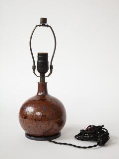 Small Round Mid Century Brown Ceramic Lamp France c 1960s - 1937033