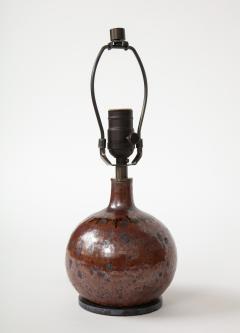 Small Round Mid Century Brown Ceramic Lamp France c 1960s - 1937038