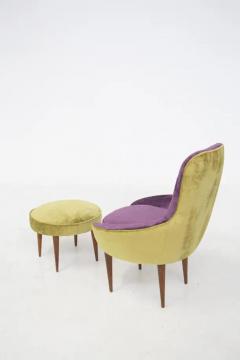 Small Vintage Wooden Armchairs in Velvet Purple and Green with Pouf - 3642312