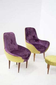 Small Vintage Wooden Armchairs in Velvet Purple and Green with Pouf - 3642381