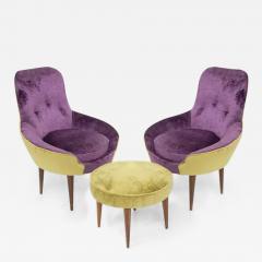 Small Vintage Wooden Armchairs in Velvet Purple and Green with Pouf - 3643481