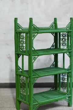 Small four shelf green bookshelf in handwoven rattan 1970s - 3998931