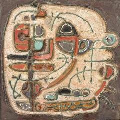Sofia Kisselov Mid Century Abstract Israeli Earthenware Plaque in Burnt Umber Cream Red Hues - 4720231