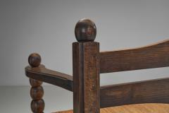 Solid Oak Bench With Turned Legs and a Woven Straw Seat France 20th Century - 4482006