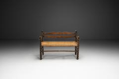 Solid Oak Bench With Turned Legs and a Woven Straw Seat France 20th Century - 4569434