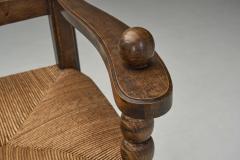 Solid Oak Bench With Turned Legs and a Woven Straw Seat France 20th Century - 4569440
