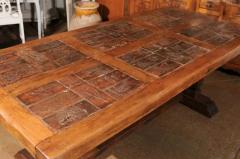 Southern French Brutalist Oak Dining Trestle Table with Terracotta Inset Top - 3605938