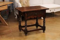 Spanish 1770s Walnut Side Table with Spool Legs and Rosettes Carved Drawer - 3601962