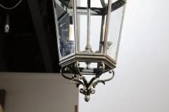 Spanish 1910s Bronze and Glass Hexagonal Lantern with Three Lights and Volutes - 3491437