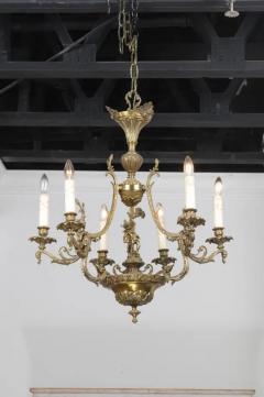 Spanish 19th Century Bronze Six Light Chandelier with Cherubs and Floral Decor - 3441612