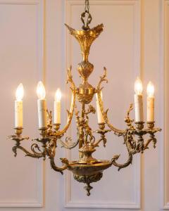 Spanish 19th Century Bronze Six Light Chandelier with Cherubs and Floral Decor - 4458429