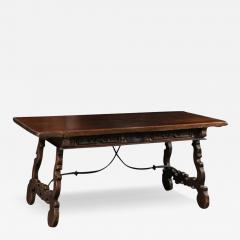 Spanish Baroque 1750s Walnut Fratino Table with Drawers and Iron Stretchers - 3435451