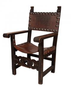 Spanish Baroque Style Walnut And Leather Armchair - 4144854
