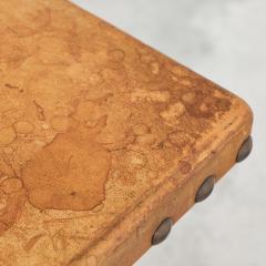 Spanish Brutalist Coffee Table in Solid Oak Metal and Patinated Leather 1940s - 4608737