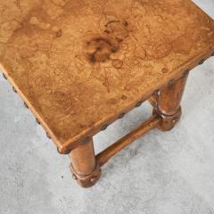 Spanish Brutalist Coffee Table in Solid Oak Metal and Patinated Leather 1940s - 4608739