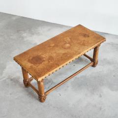 Spanish Brutalist Coffee Table in Solid Oak Metal and Patinated Leather 1940s - 4608749