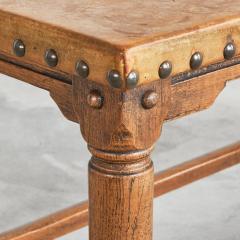 Spanish Brutalist Coffee Table in Solid Oak Metal and Patinated Leather 1940s - 4608752