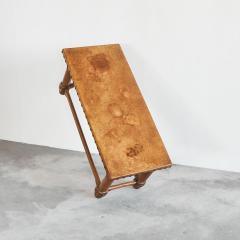 Spanish Brutalist Coffee Table in Solid Oak Metal and Patinated Leather 1940s - 4608756