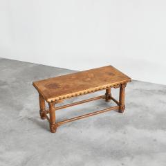Spanish Brutalist Coffee Table in Solid Oak Metal and Patinated Leather 1940s - 4608797