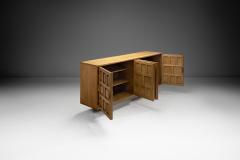 Spanish Brutalist Panel Cabinet in Oak with Geometric Doors Spain 1960s - 4146126