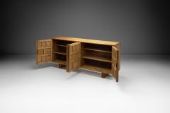 Spanish Brutalist Panel Cabinet in Oak with Geometric Doors Spain 1960s - 4146129