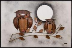 Spectacular Midcentury Signed Oil on Board with Hand Formed Copper Owls - 413445