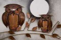 Spectacular Midcentury Signed Oil on Board with Hand Formed Copper Owls - 413446