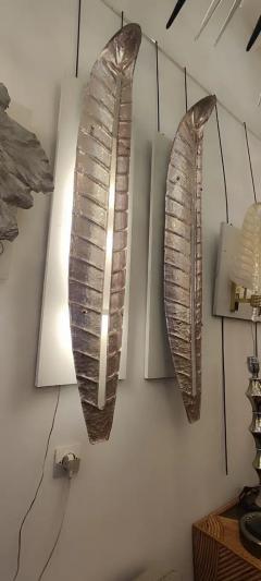 Spectacular Pair of Murano Glass Silver light pink Leaves Wall Sconces - 3442144