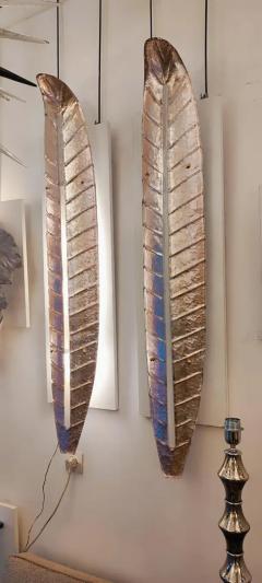 Spectacular Pair of Murano Glass Silver light pink Leaves Wall Sconces - 3442151