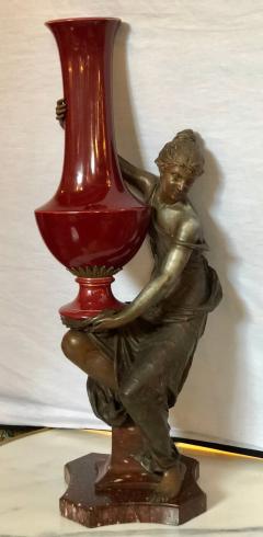 Spelter Figure of a Water Bearer on a Pedestal Marble with Red Glazed Vase - 2991359