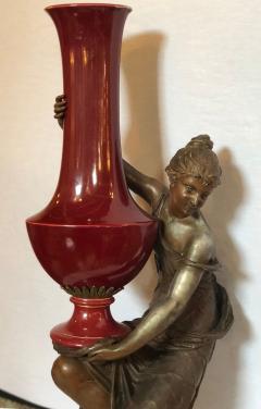 Spelter Figure of a Water Bearer on a Pedestal Marble with Red Glazed Vase - 2991361