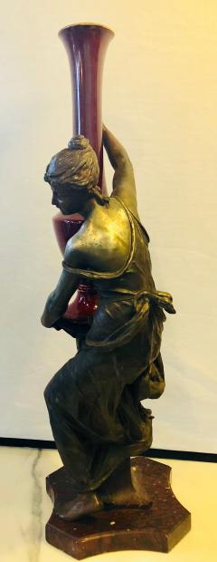 Spelter Figure of a Water Bearer on a Pedestal Marble with Red Glazed Vase - 2991363