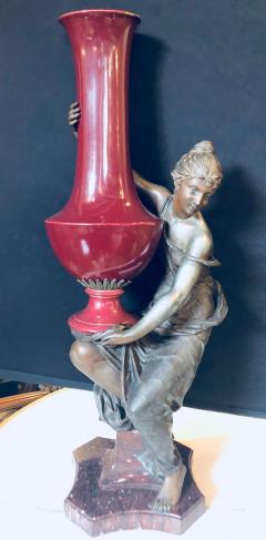 Spelter Figure of a Water Bearer on a Pedestal Marble with Red Glazed Vase - 2991367