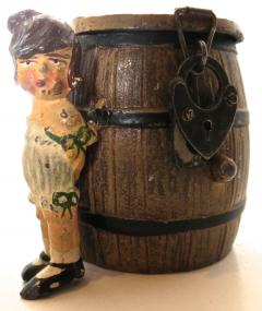 Spelter Still Bank Girl By A Barrel German Circa 1908 - 563395