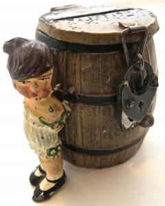 Spelter Still Bank Girl By A Barrel German Circa 1908 - 563396