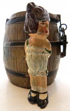 Spelter Still Bank Girl By A Barrel German Circa 1908 - 563399