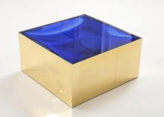 Square Brass Cocktail Coffee Table with Cobalt Blue Optical Glass Insert Italy - 3339599
