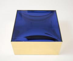 Square Brass Cocktail Coffee Table with Cobalt Blue Optical Glass Insert Italy - 3339600
