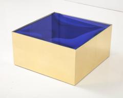 Square Brass Cocktail Coffee Table with Cobalt Blue Optical Glass Insert Italy - 3339604