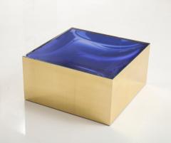 Square Brass Cocktail Coffee Table with Cobalt Blue Optical Glass Insert Italy - 3339605