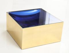 Square Brass Cocktail Coffee Table with Cobalt Blue Optical Glass Insert Italy - 3339608