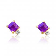 Square Purple Amethyst and Diamond Stud Earrings in 14k gold setting - 3633626