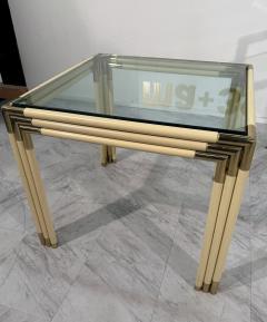 Square Side Table with Brass Lacquered Bamboo Style Frame Glass Top 1970s - 4308369